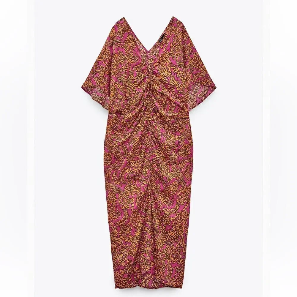 ZARA BOHO RUCHED KAFTAN DRESS - Picture 3 of 3